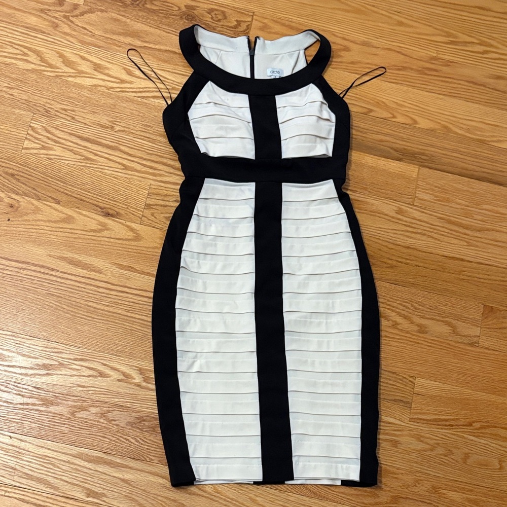 Cache Black and White Striped Midi Dress